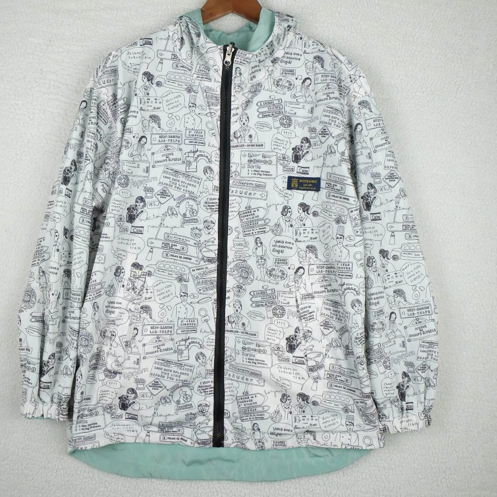 Vintage Ran Jacket Womens Large White Green Cartoon Drawing Reversible Full Zip